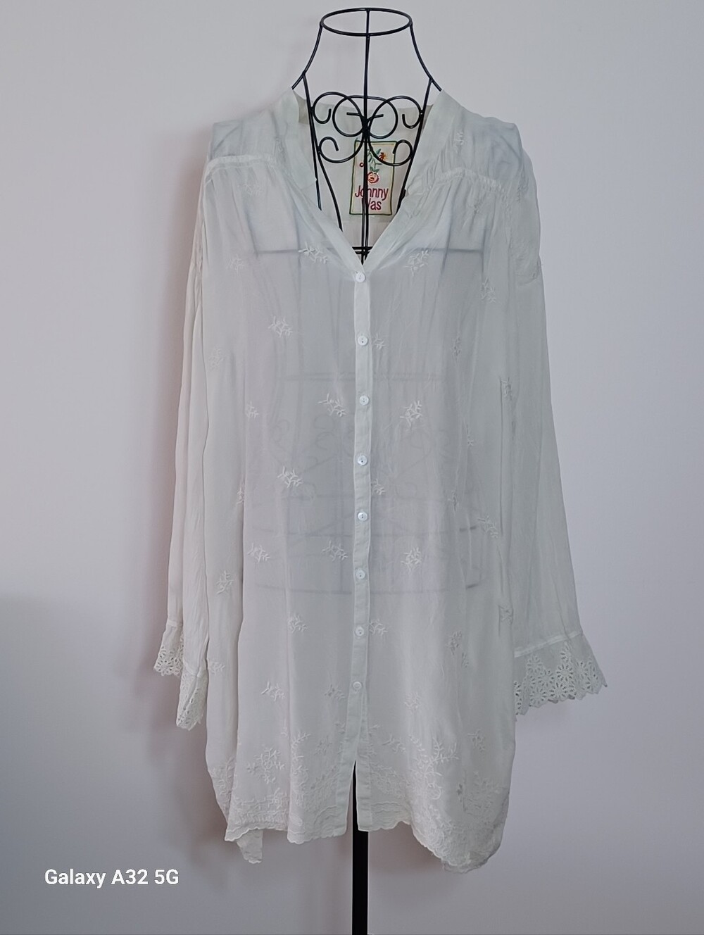 Johnny Was Embroidered White Button Down Boho Tunic Top XL